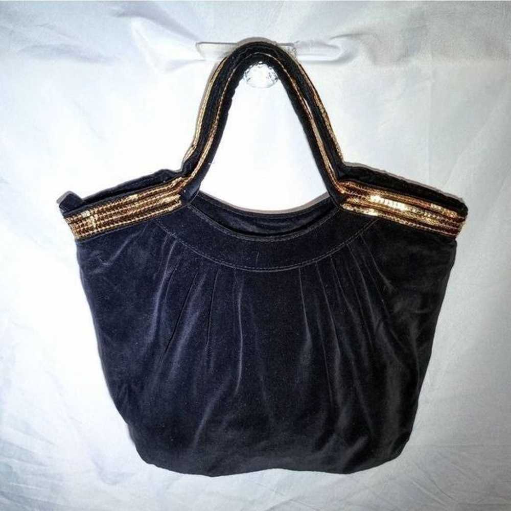Vintage 1987 Black Velvet Lined tote with Gold Se… - image 8
