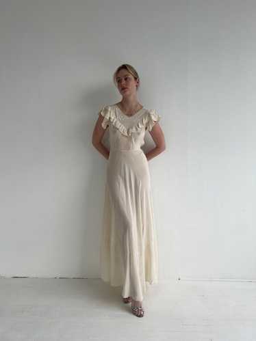 1930's Pale Butter Yellow Silk Dress with Ruffle S