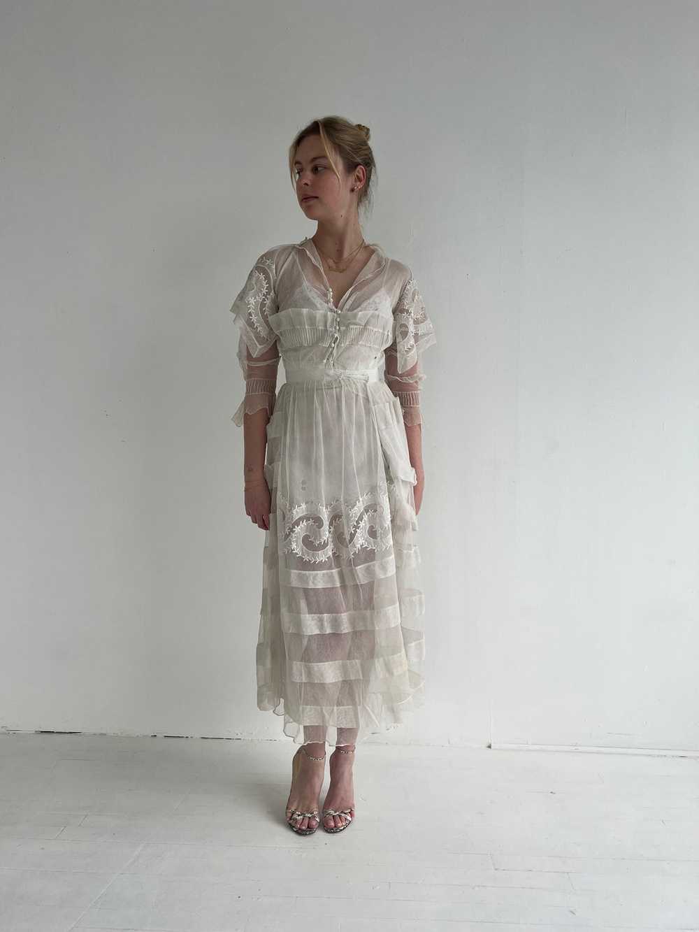 Edwardian Embroidered Cotton Net Dress - image 3