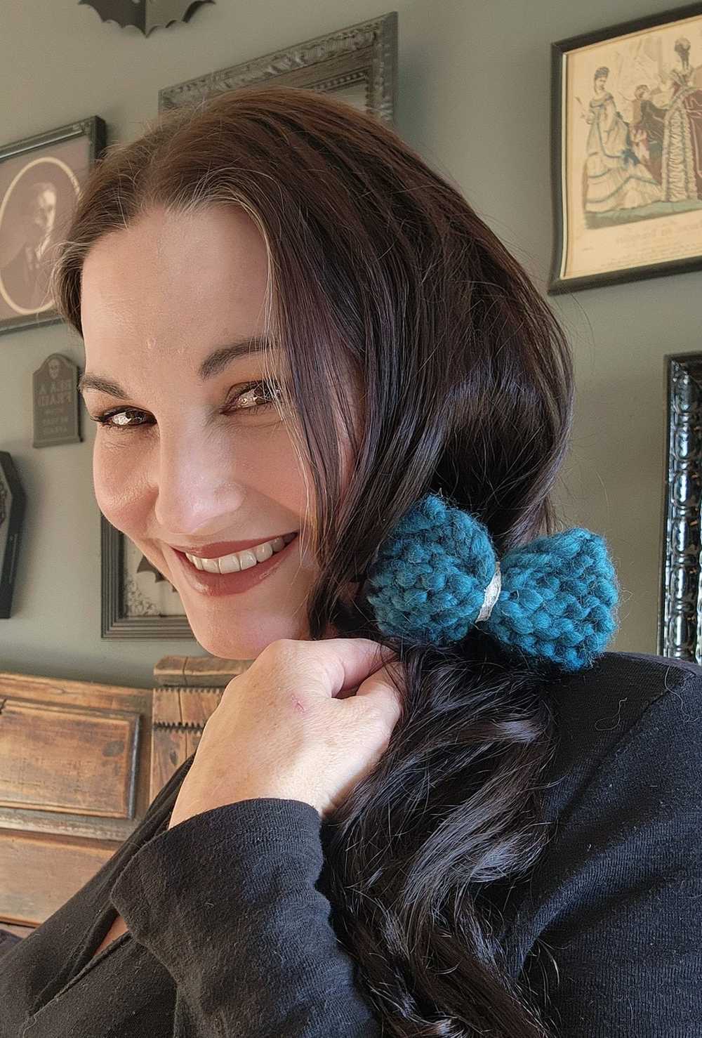 "Dark Skies" Mini Hand Knit Hair Bow on Clip - image 2