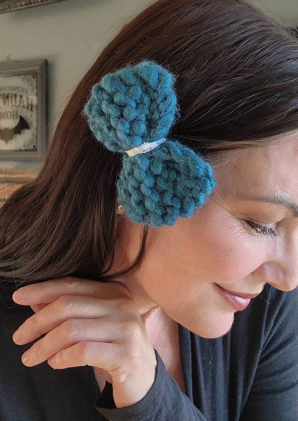 "Dark Skies" Mini Hand Knit Hair Bow on Clip - image 4