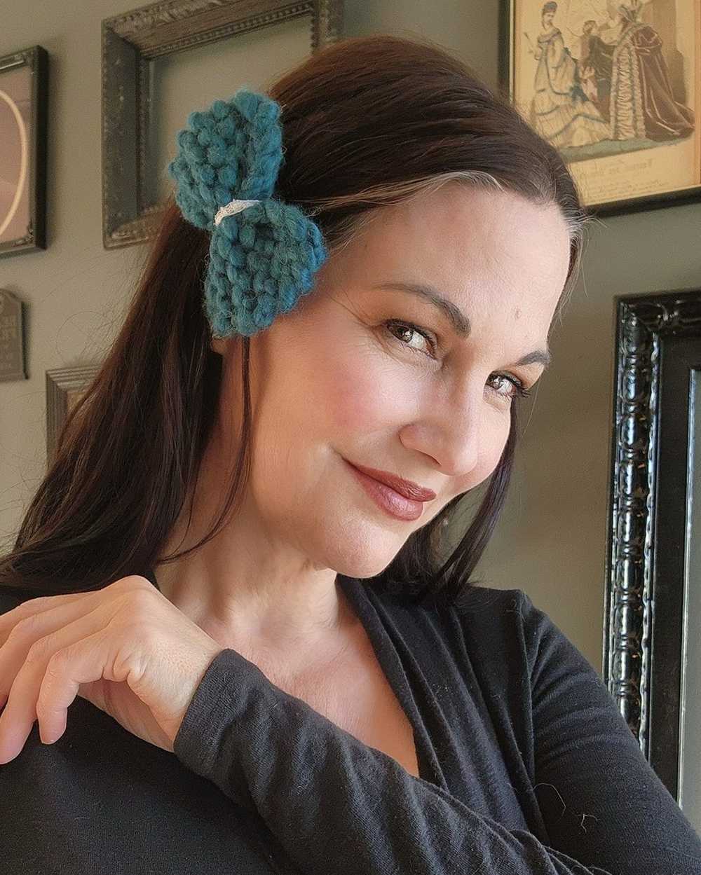 "Dark Skies" Mini Hand Knit Hair Bow on Clip - image 5