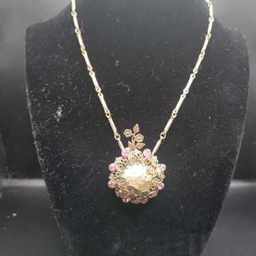 Vintage goldtone and pink Rhienstone victorian co… - image 1