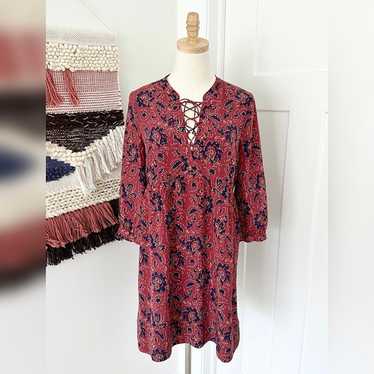 Madewell Lace-Up Floral Print Silk Dress Red/Navy… - image 1