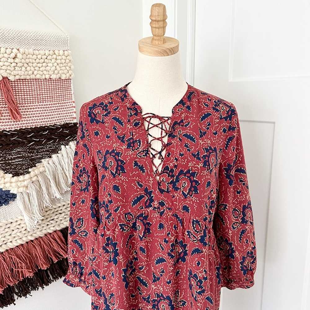 Madewell Lace-Up Floral Print Silk Dress Red/Navy… - image 2