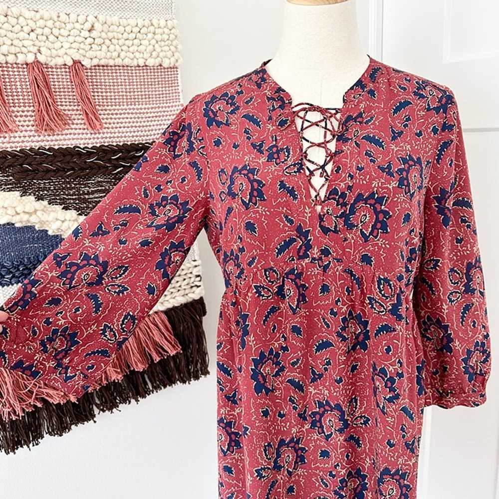 Madewell Lace-Up Floral Print Silk Dress Red/Navy… - image 3
