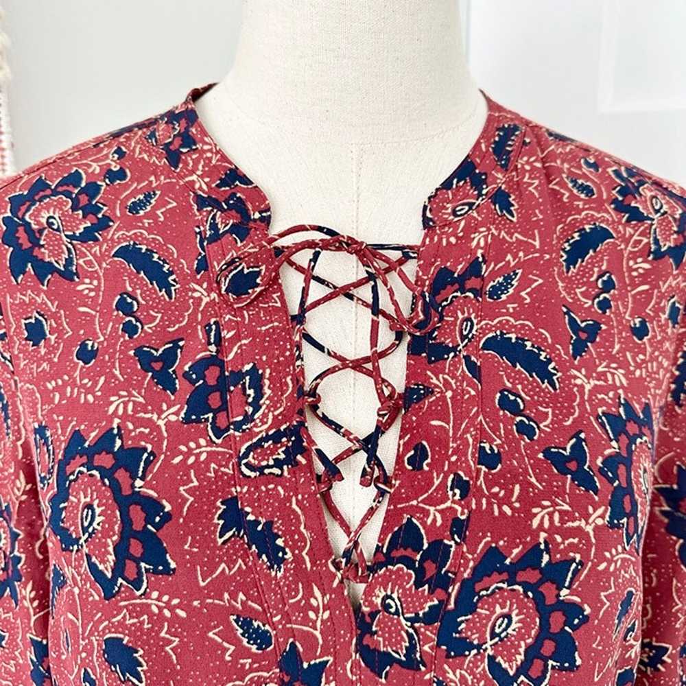 Madewell Lace-Up Floral Print Silk Dress Red/Navy… - image 4