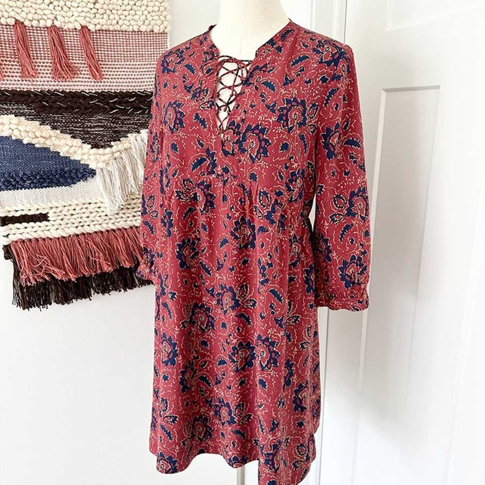 Madewell Lace-Up Floral Print Silk Dress Red/Navy… - image 5