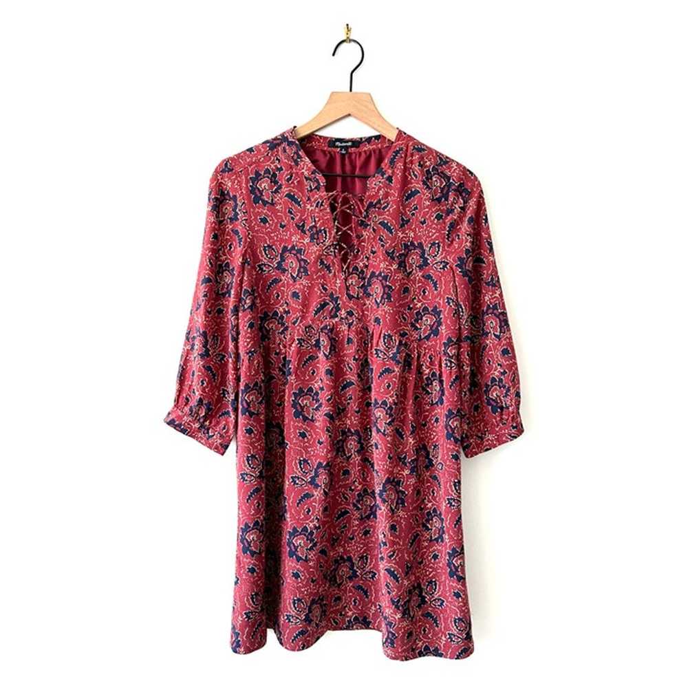 Madewell Lace-Up Floral Print Silk Dress Red/Navy… - image 7