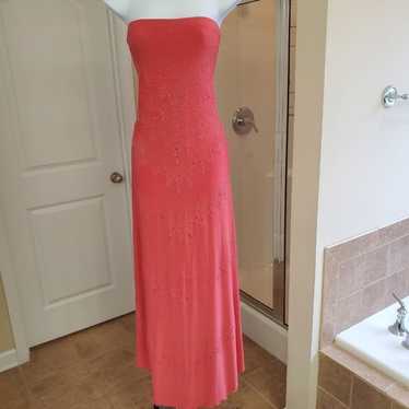 Formal dress, coral, beaded, strapless, size small - image 1