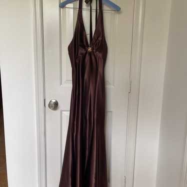 Brown Silk Halter Dress with Golden Sequin Broach - image 1