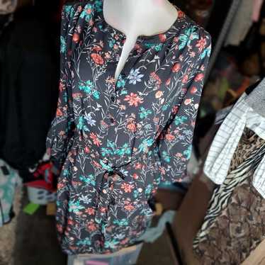 Ann Taylor Loft Gray Floral Shirt Dress Medium Co… - image 1