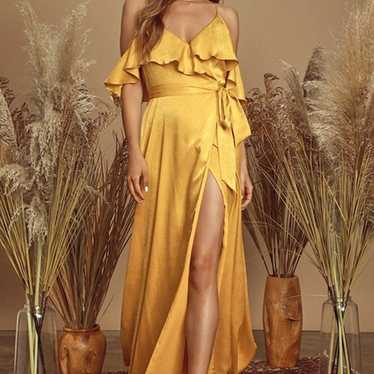 Moriah Mustard Yellow Satin Wrap Maxi Dress