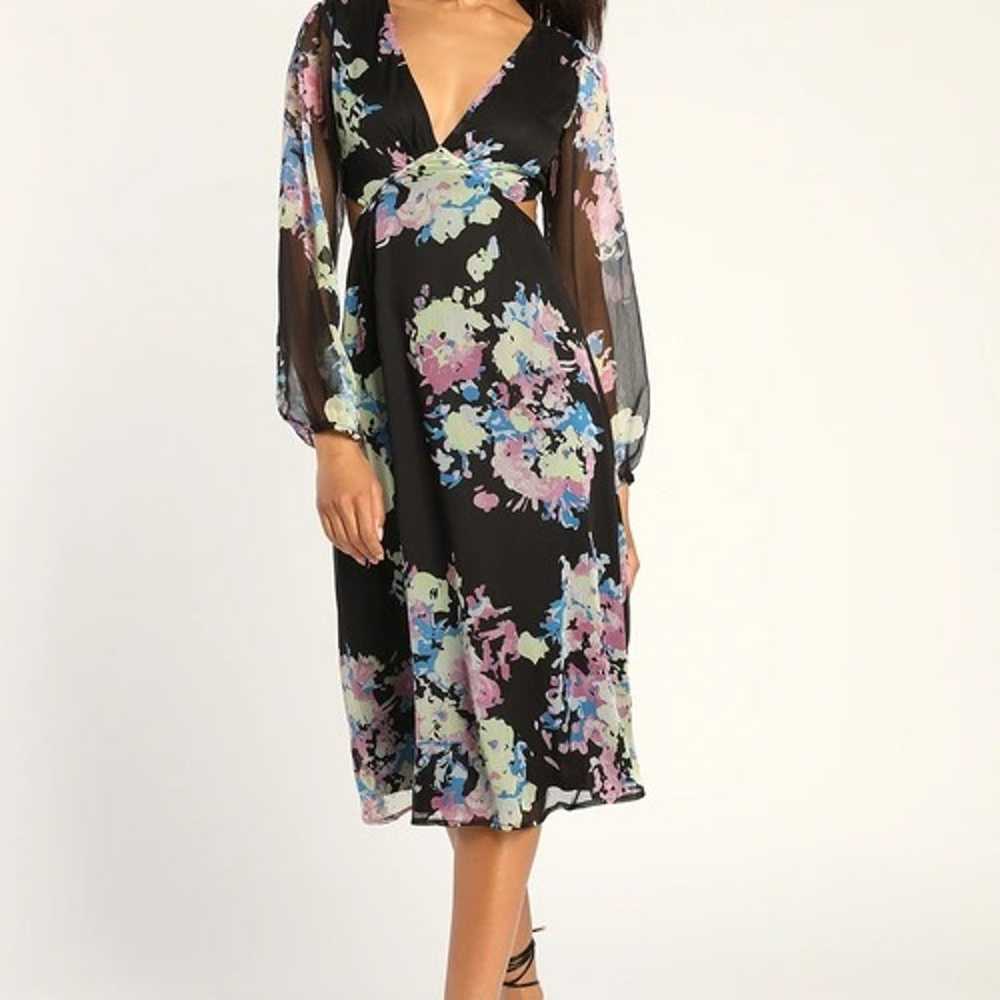 Black Floral Print Balloon Sleeve Lace-Up Midi Dr… - image 1