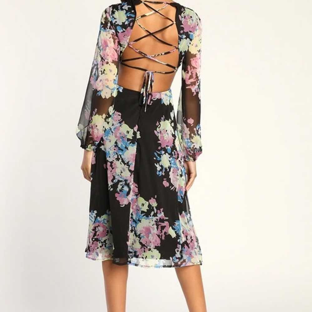 Black Floral Print Balloon Sleeve Lace-Up Midi Dr… - image 2