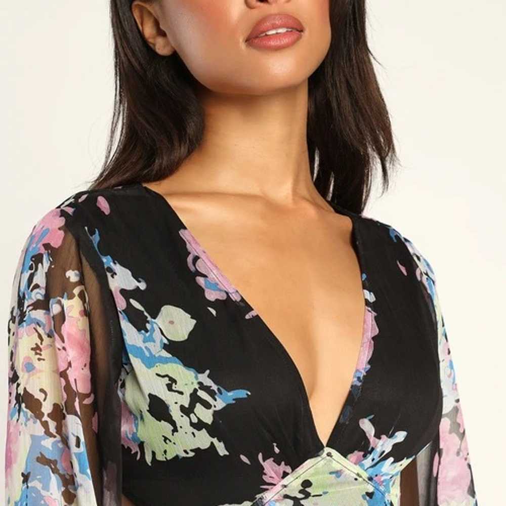 Black Floral Print Balloon Sleeve Lace-Up Midi Dr… - image 3