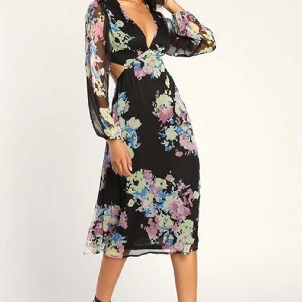 Black Floral Print Balloon Sleeve Lace-Up Midi Dr… - image 4