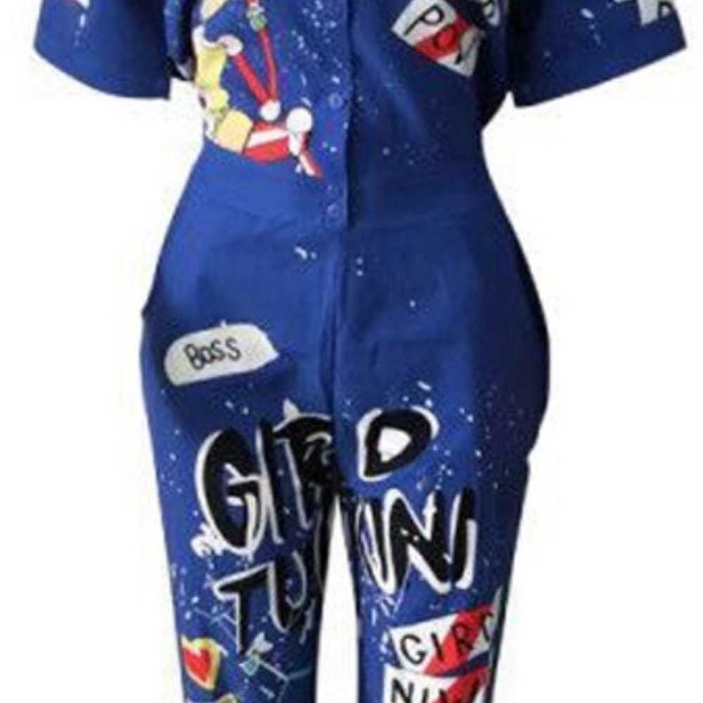 NWOT womens blue button up Graffiti jumpsuit with… - image 3