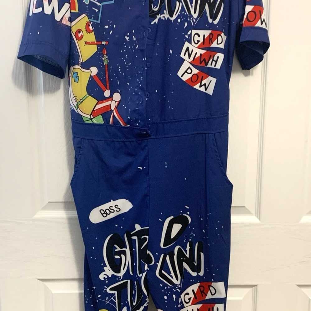 NWOT womens blue button up Graffiti jumpsuit with… - image 4