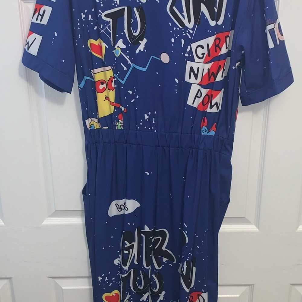 NWOT womens blue button up Graffiti jumpsuit with… - image 5