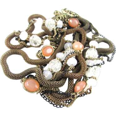 Gold Tone Three Strand Necklace With Coral Bead A… - image 1