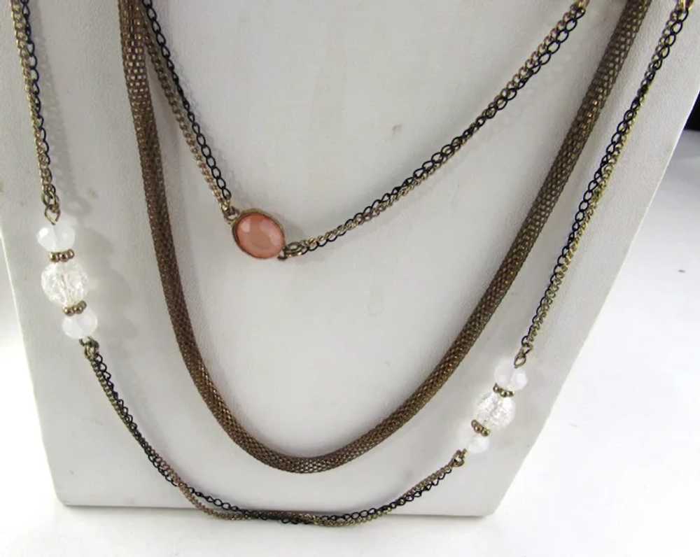 Gold Tone Three Strand Necklace With Coral Bead A… - image 3
