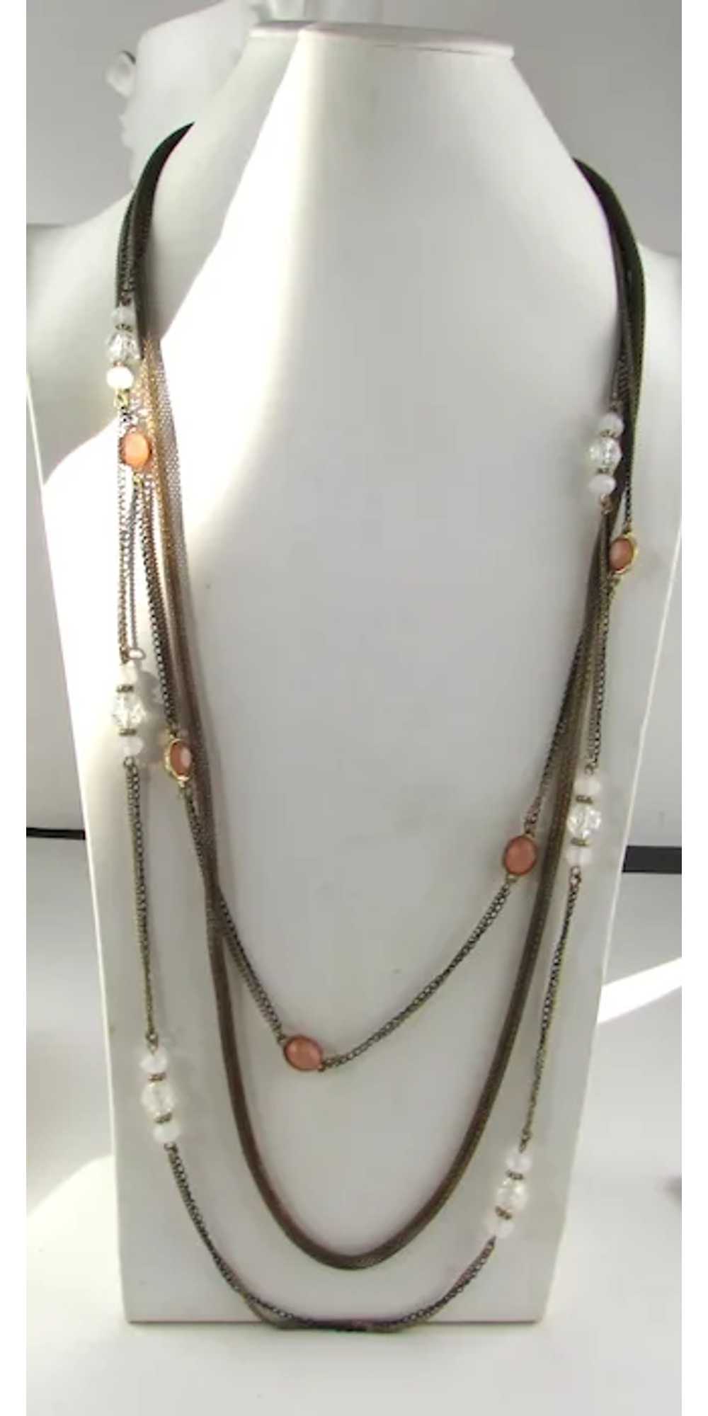 Gold Tone Three Strand Necklace With Coral Bead A… - image 4