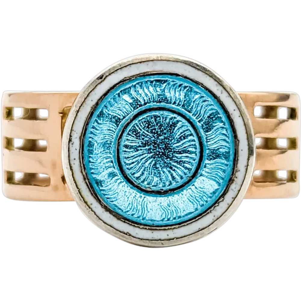 Guilloché Enamel Blue Disc Ring In Yellow Gold - image 1
