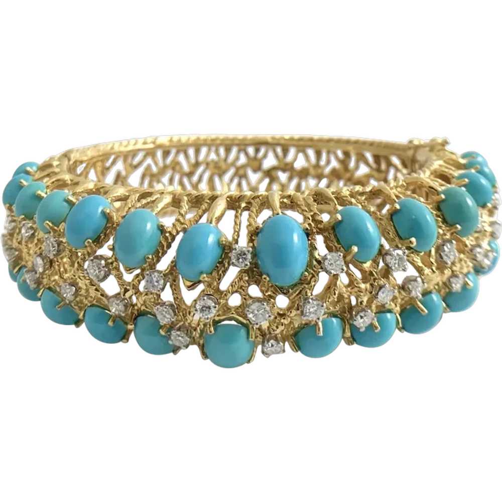 Vintage Cabochon Turquoise Diamond Bangle Bracele… - image 1