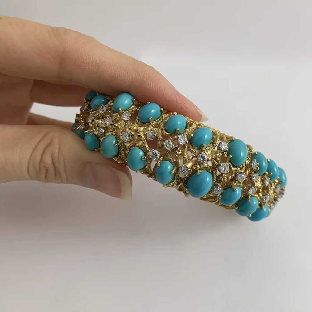 Vintage Cabochon Turquoise Diamond Bangle Bracele… - image 4