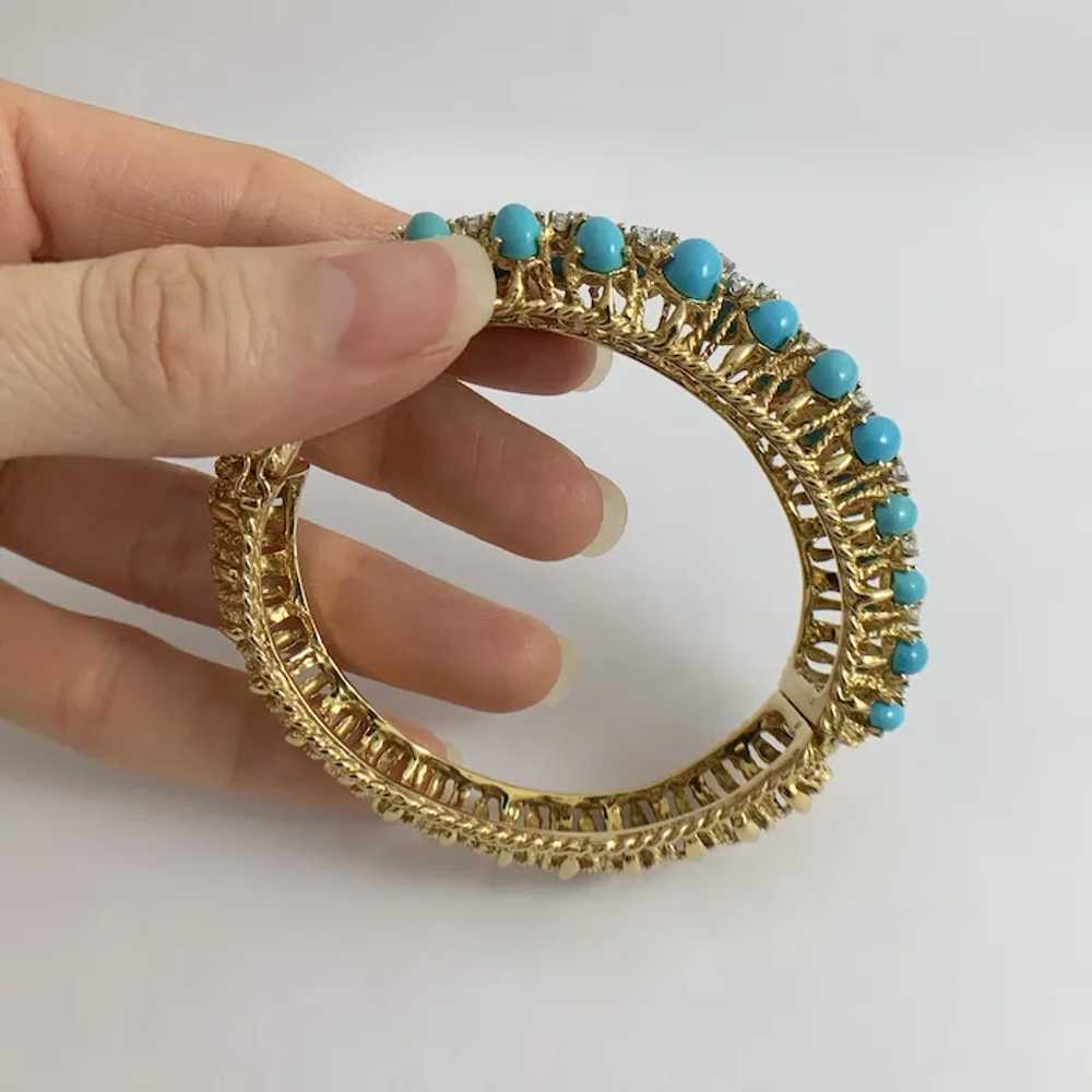 Vintage Cabochon Turquoise Diamond Bangle Bracele… - image 7