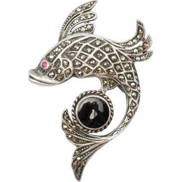 Vintage Sterling Silver Marcasite Koi Fish Brooch 2024 Pendant