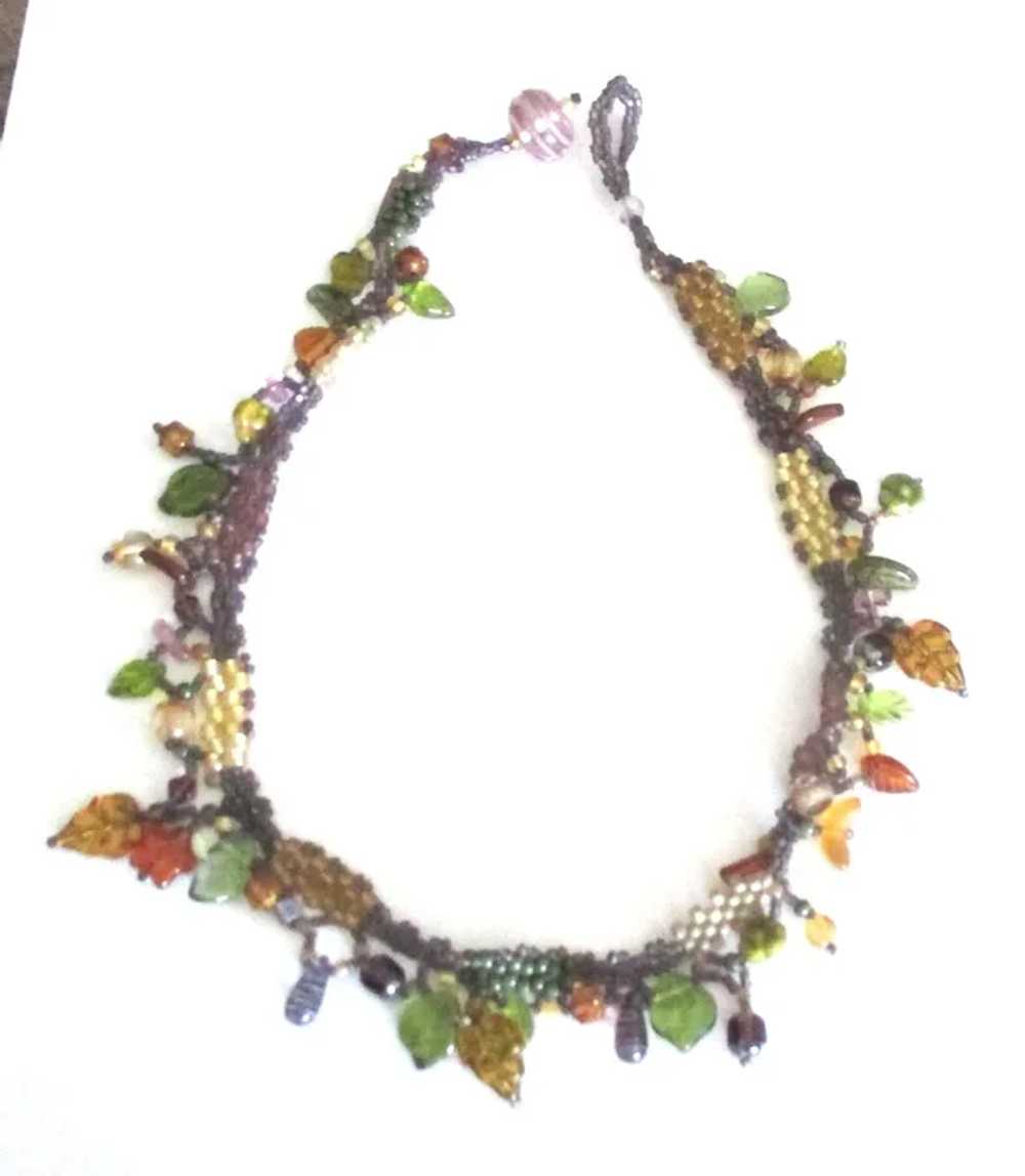 Stunning Vintage Woven Bead Necklace with Leaves - image 2