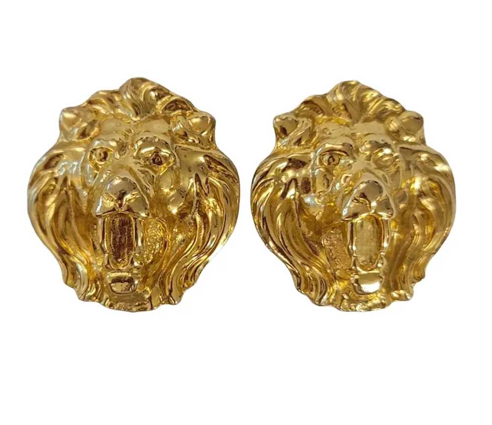 Gold Tone Lion Face Designer Style Clip-On Earrin… - image 11