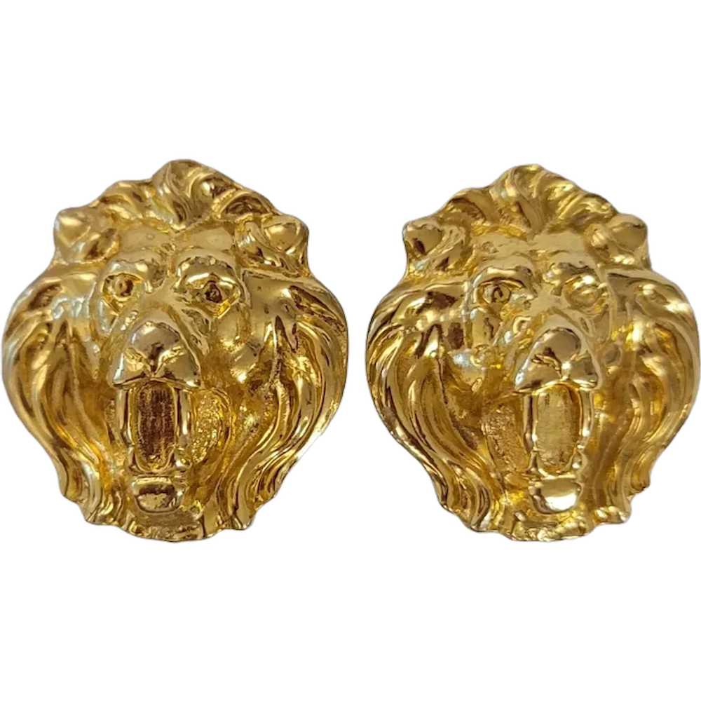 Gold Tone Lion Face Designer Style Clip-On Earrin… - image 1