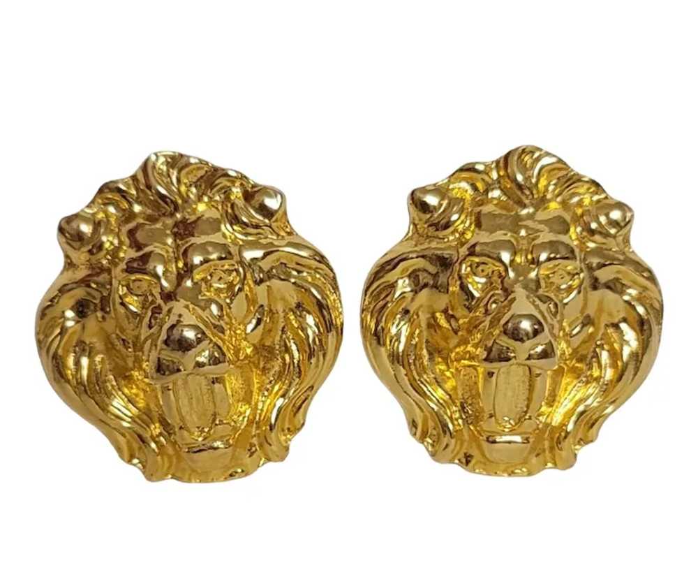 Gold Tone Lion Face Designer Style Clip-On Earrin… - image 2