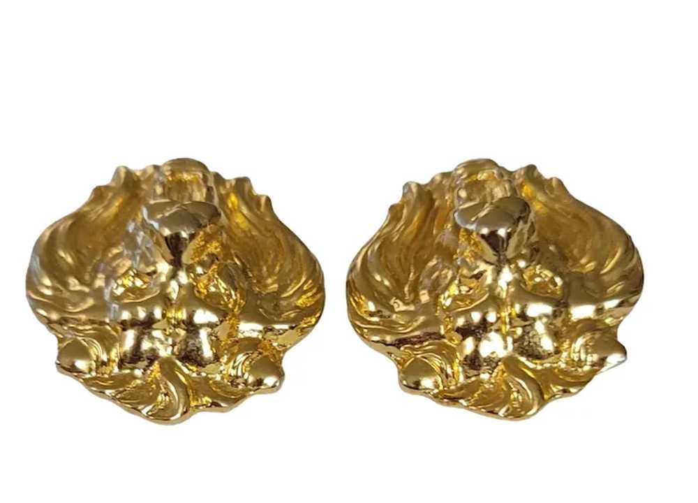 Gold Tone Lion Face Designer Style Clip-On Earrin… - image 3