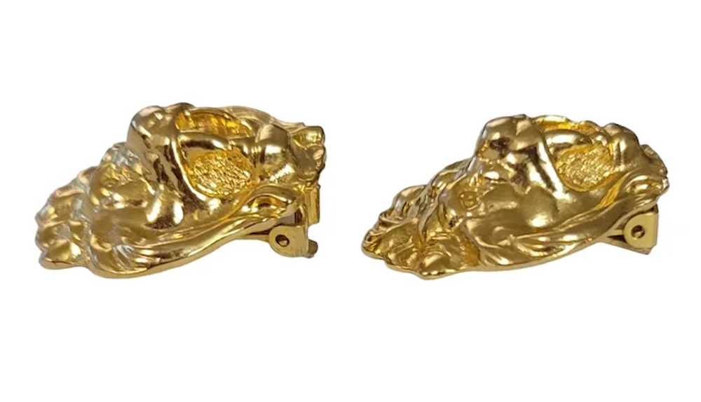Gold Tone Lion Face Designer Style Clip-On Earrin… - image 4