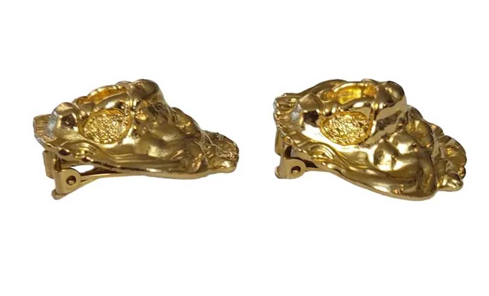 Gold Tone Lion Face Designer Style Clip-On Earrin… - image 5