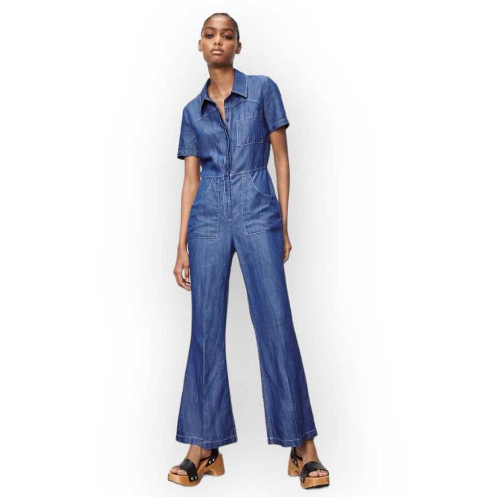 Zara Blue Chambray Rustic Jumpsuit M Linen Flared… - image 1