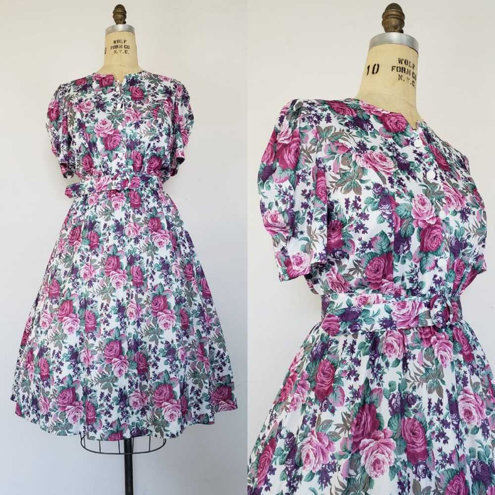 1980s Vintage Roses Dress - image 1