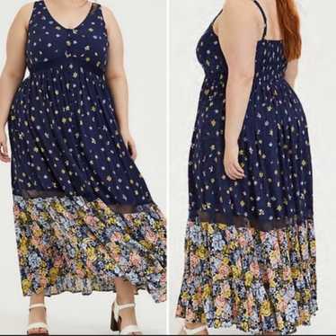 Torrid Navy Mixed Floral Challis Button Maxi Dress