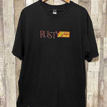 Vintage 90s Rusty Surf Black Graphic T-shirt Rast… - image 1