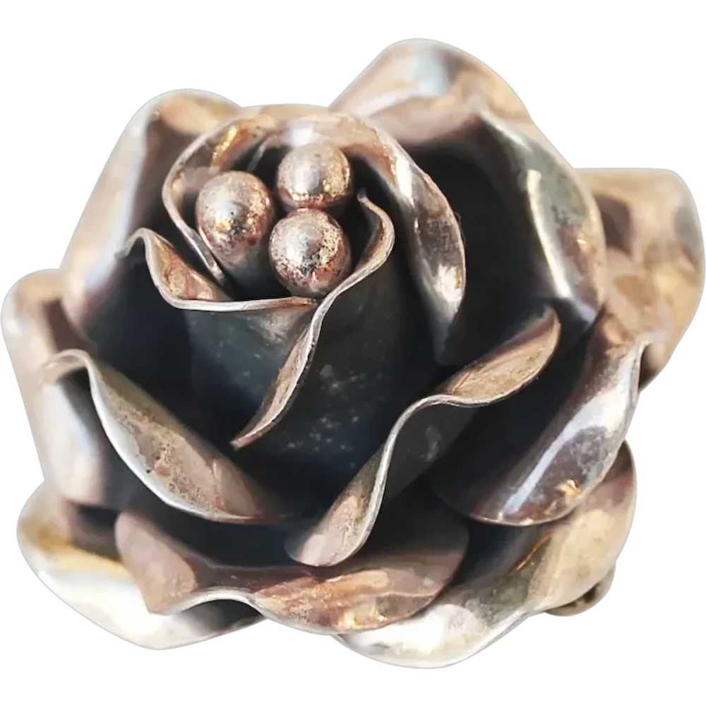 Sterling 925 Rose in Bloom Brooch, Signed - image 1