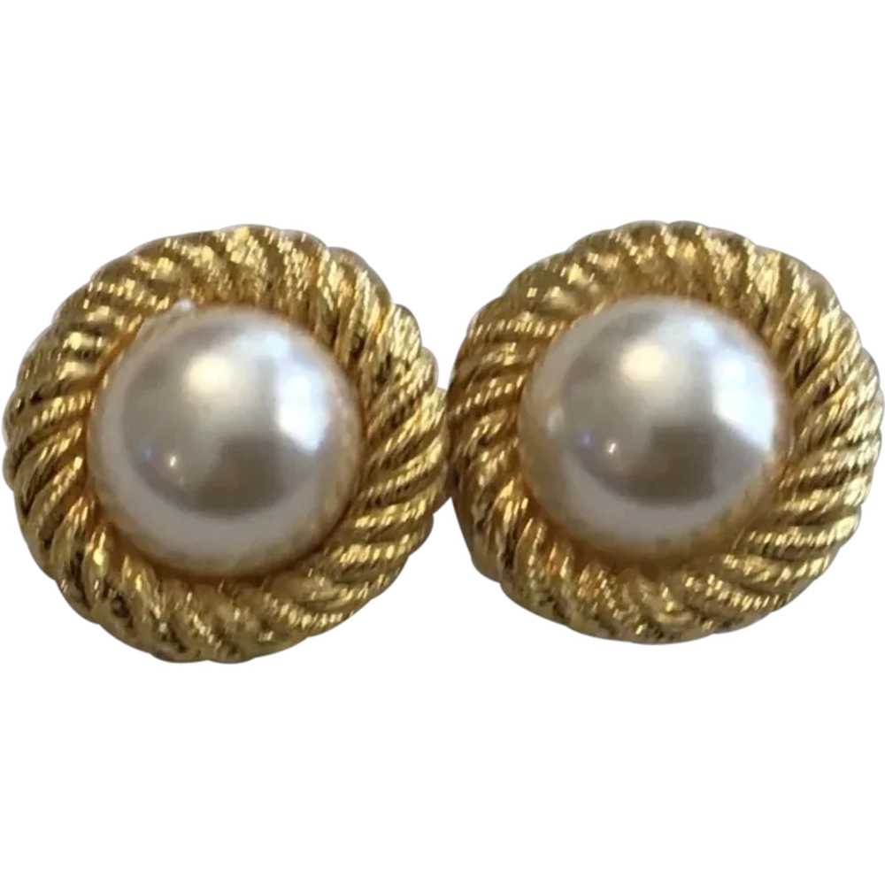 Gold Tone Swirl Faux Pearl Clip Earring - image 1
