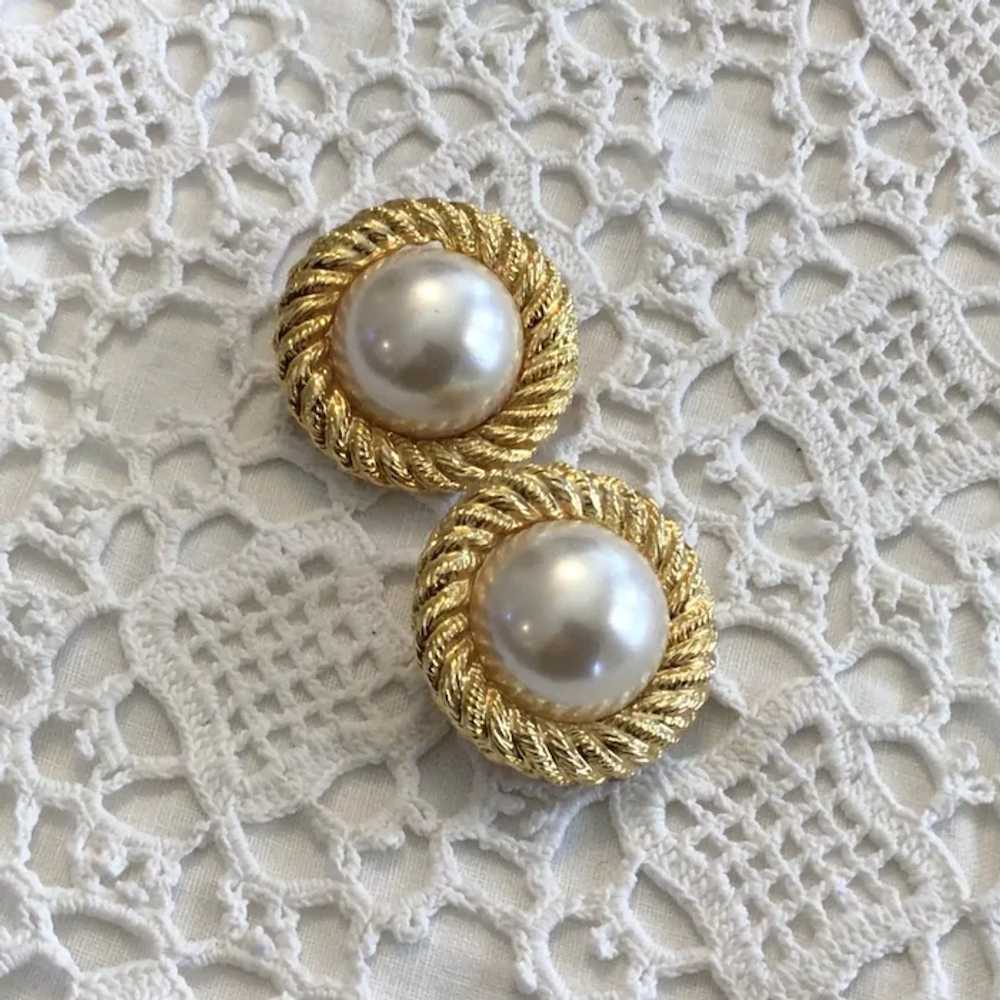 Gold Tone Swirl Faux Pearl Clip Earring - image 2