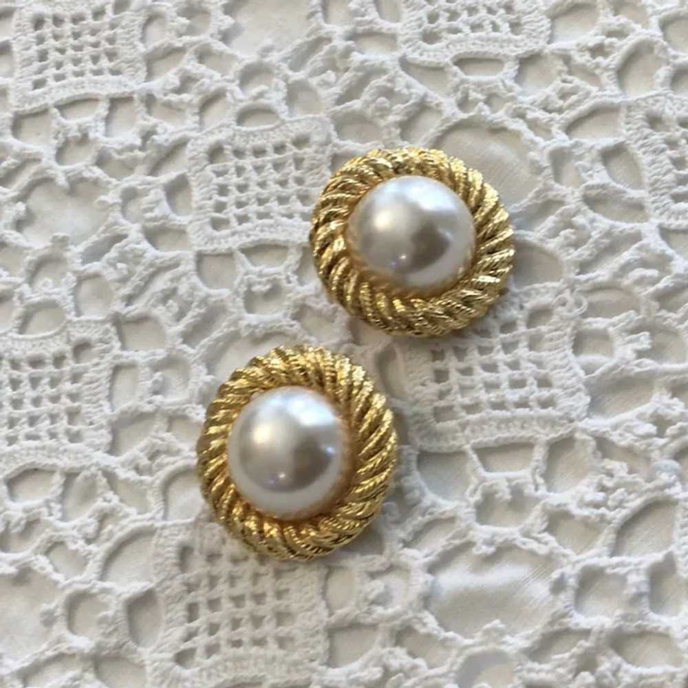 Gold Tone Swirl Faux Pearl Clip Earring - image 3