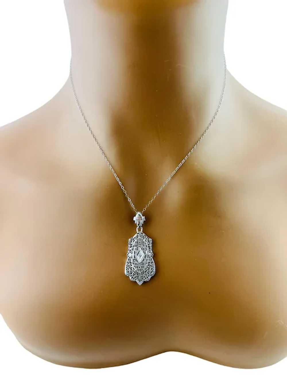 14K White Gold Diamond Filigree Pendant Necklace … - image 11