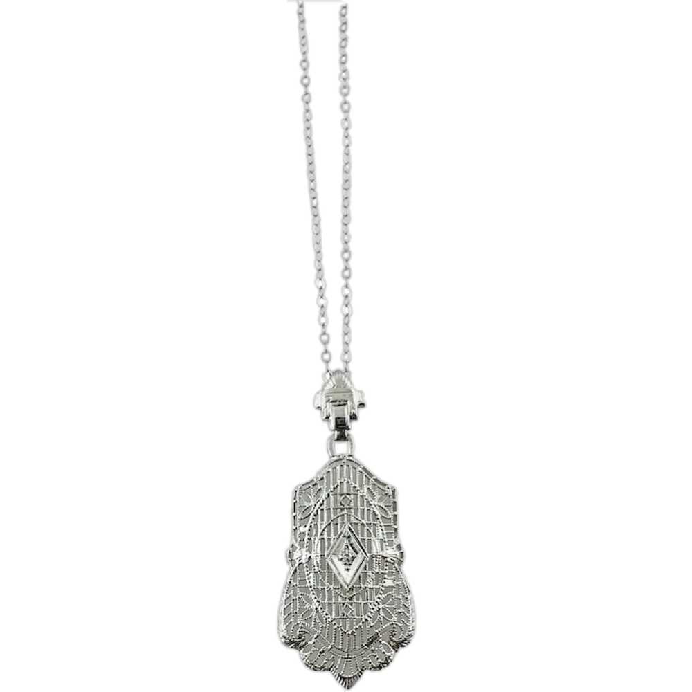 14K White Gold Diamond Filigree Pendant Necklace … - image 1