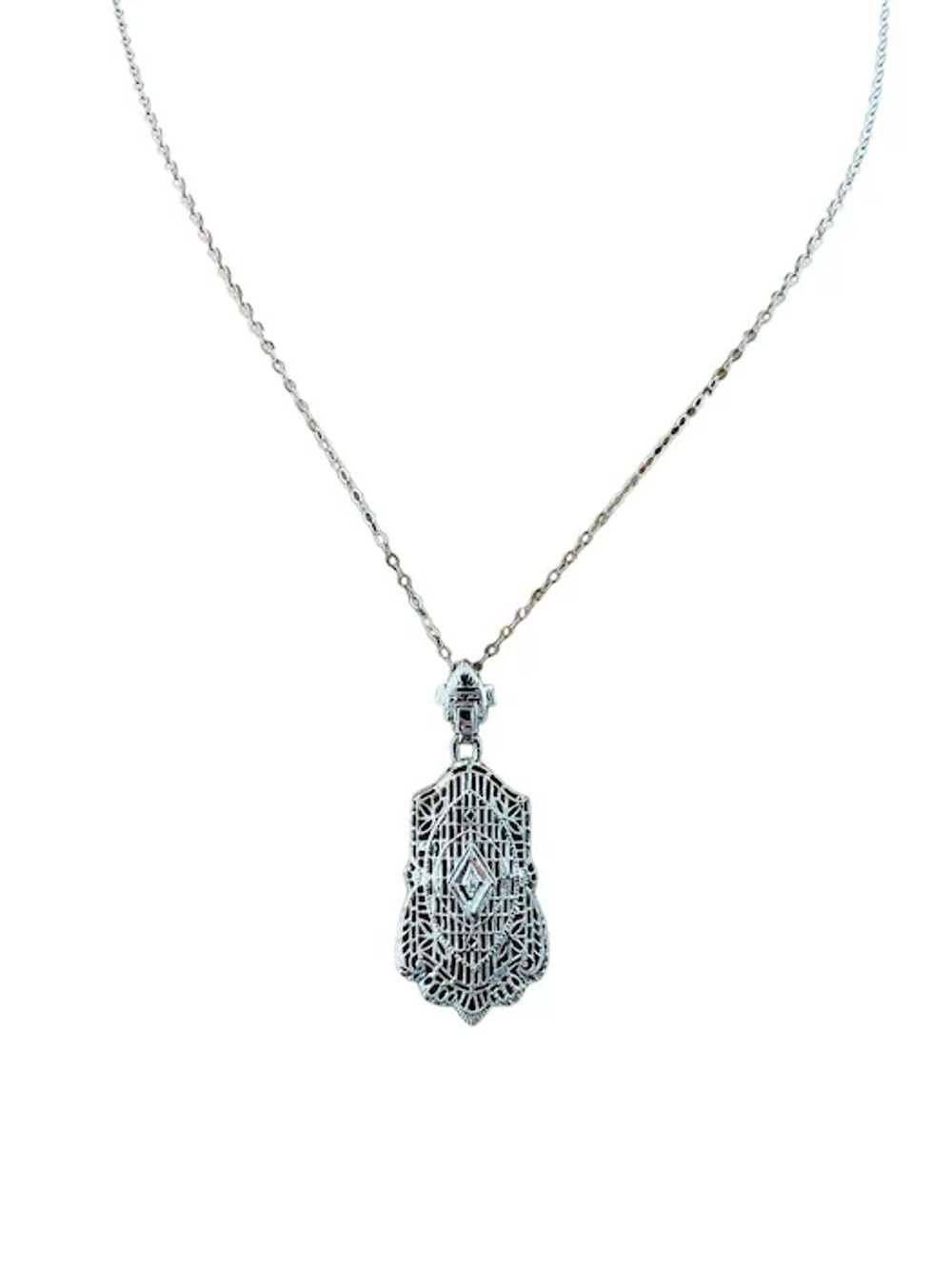 14K White Gold Diamond Filigree Pendant Necklace … - image 2